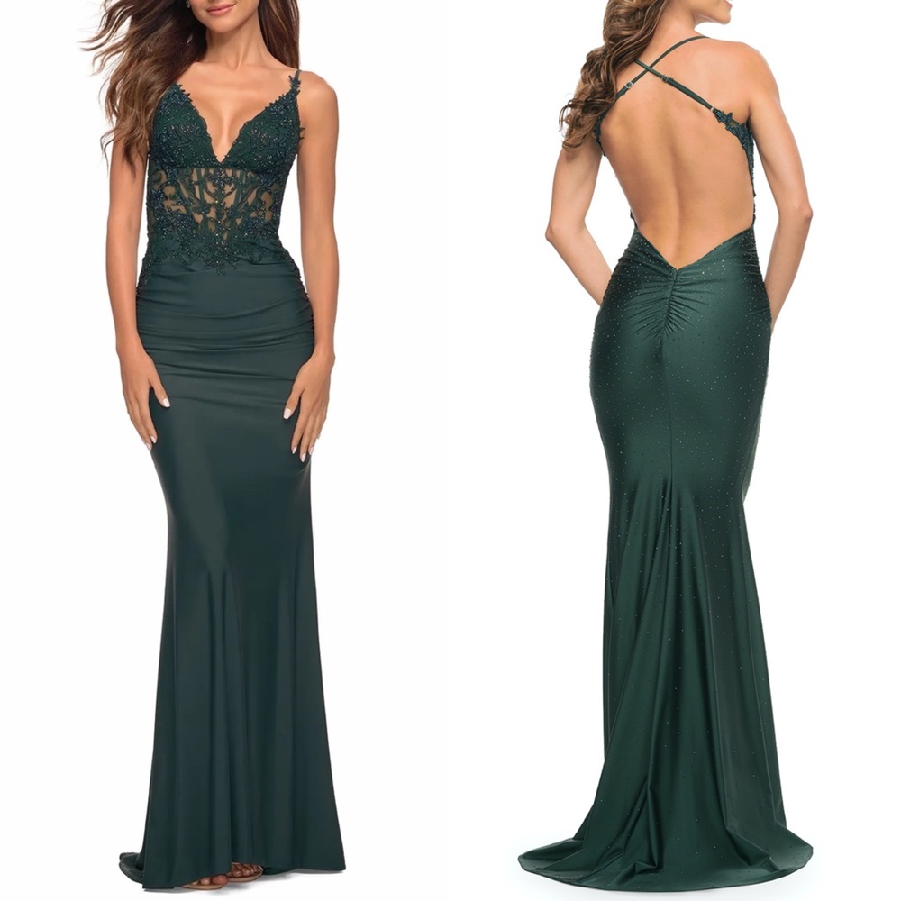 NEW 30728 LA FEMME Emerald Green BEADED LACE Corset LACE UP Back TRUMPET GOWN 8